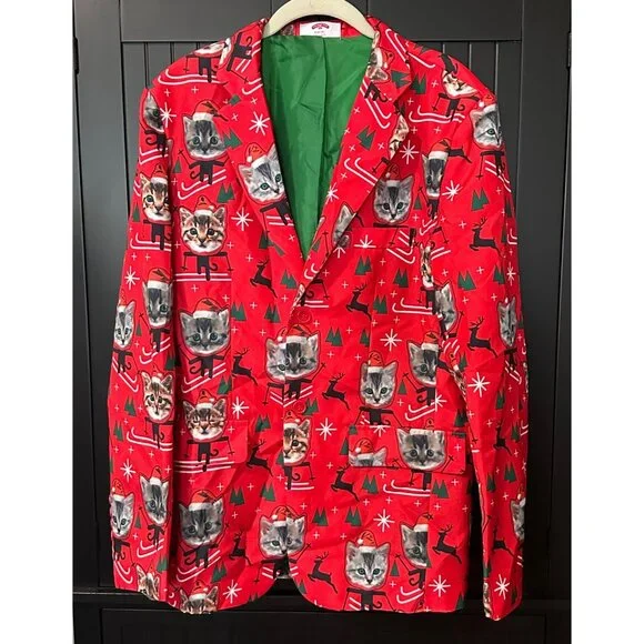 Holiday Time Men’s Christmas Cat Blazer & Tie Set Red Small Funny Novelty Quirky - Picture 2 of 9
